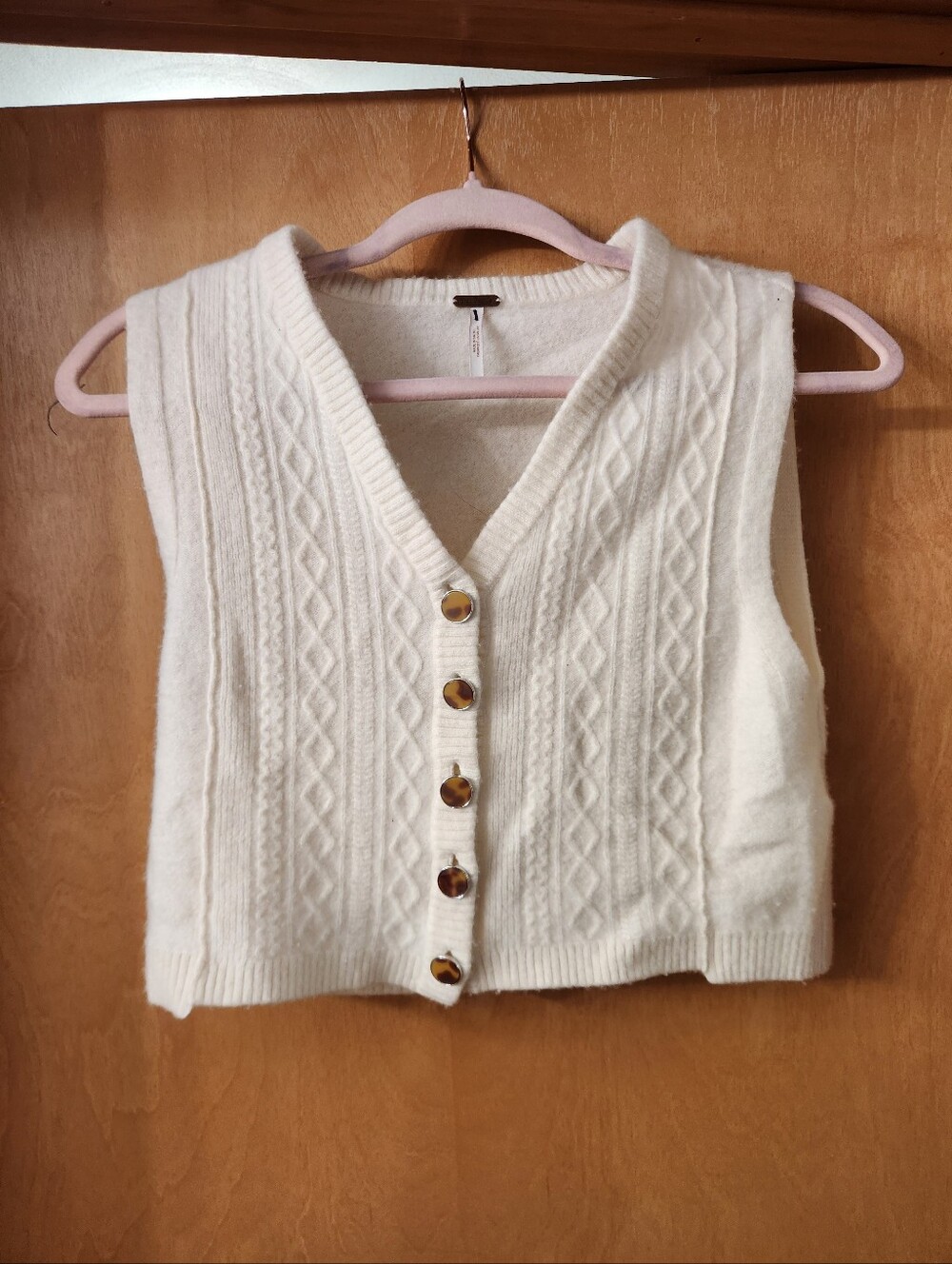 Free People Cream 100% Cashmere Cable-Knit V-Neck Button Cropped Sweater Vest